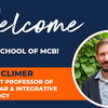 headshot of new assistant professor of molecular and integrative physiology Jason Climer in light blue shirt and blazer with the text, Welcome to the School of MCB