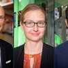 Man in suit and tie stands in front of lab bend, Woman in Glasses and orange shirt and black blazer stands in atrium, Man in eyeglasses and blue shirt stands in atrium 