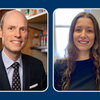 Headshots of two researchers standing by lab bench