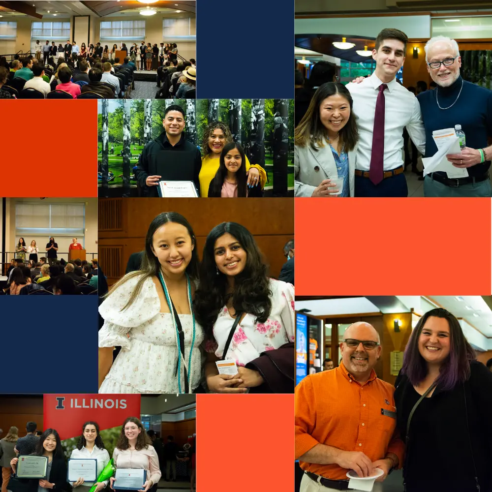 Text on photo: Congrats to MCB student award winners. Various pictures from May 2022 awards ceremony interspersed with squares and blocks filled solid with orange and blue.