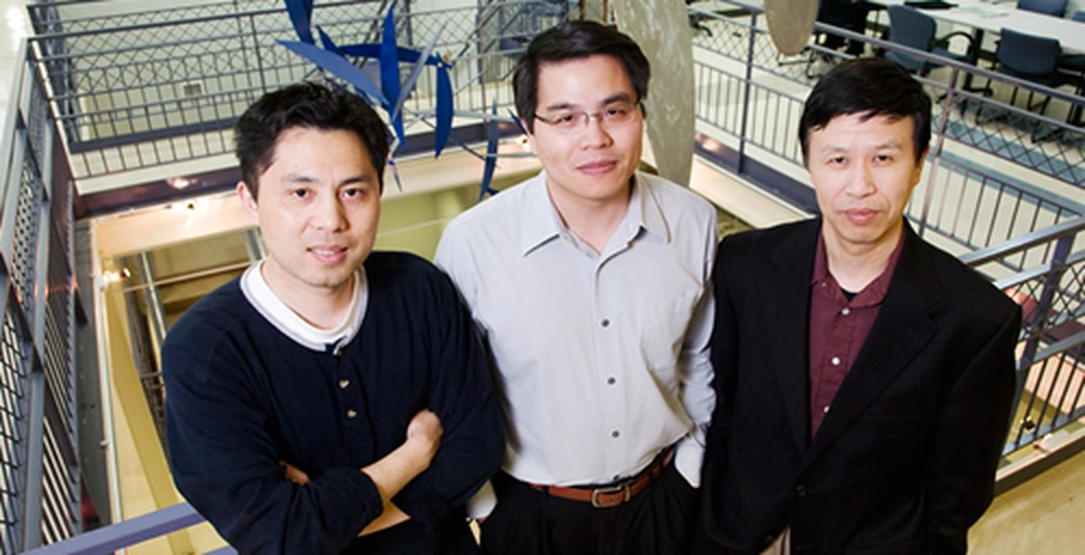 From left, Yang Xiang, professor of molecular and integrative physiology; Min-Feng Yu and Ning Wang, both professors of mechanical science and engineering,