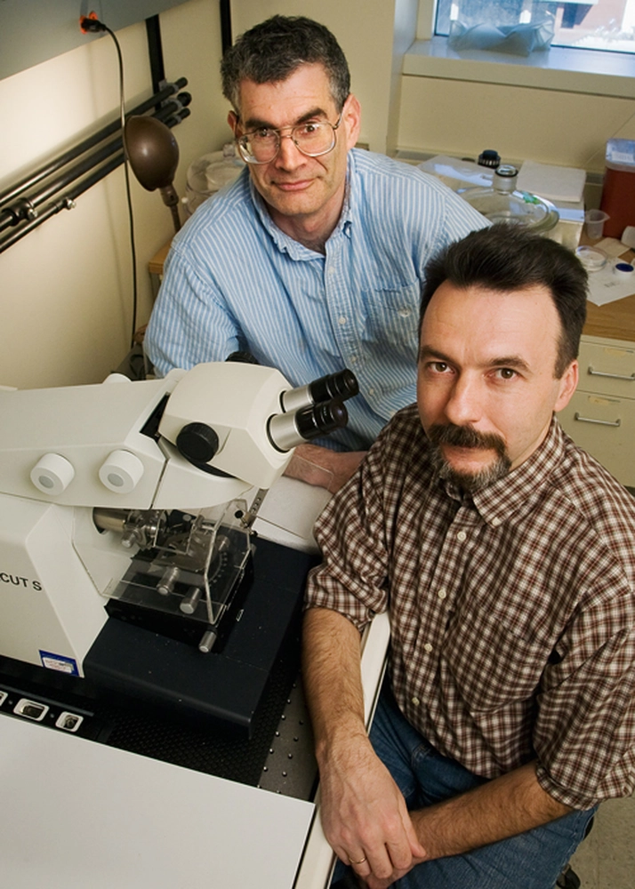 Andrew Belmont, left, and Igor Kireev, in the cell and developmental biology department, have developed a technique for imaging cells under an electron microscope that yields a sharper image of the structure of chromatin, the tightly wound bundle of genetic material and proteins that makes up the chromosomes. Photo by L. Brian Stauffer