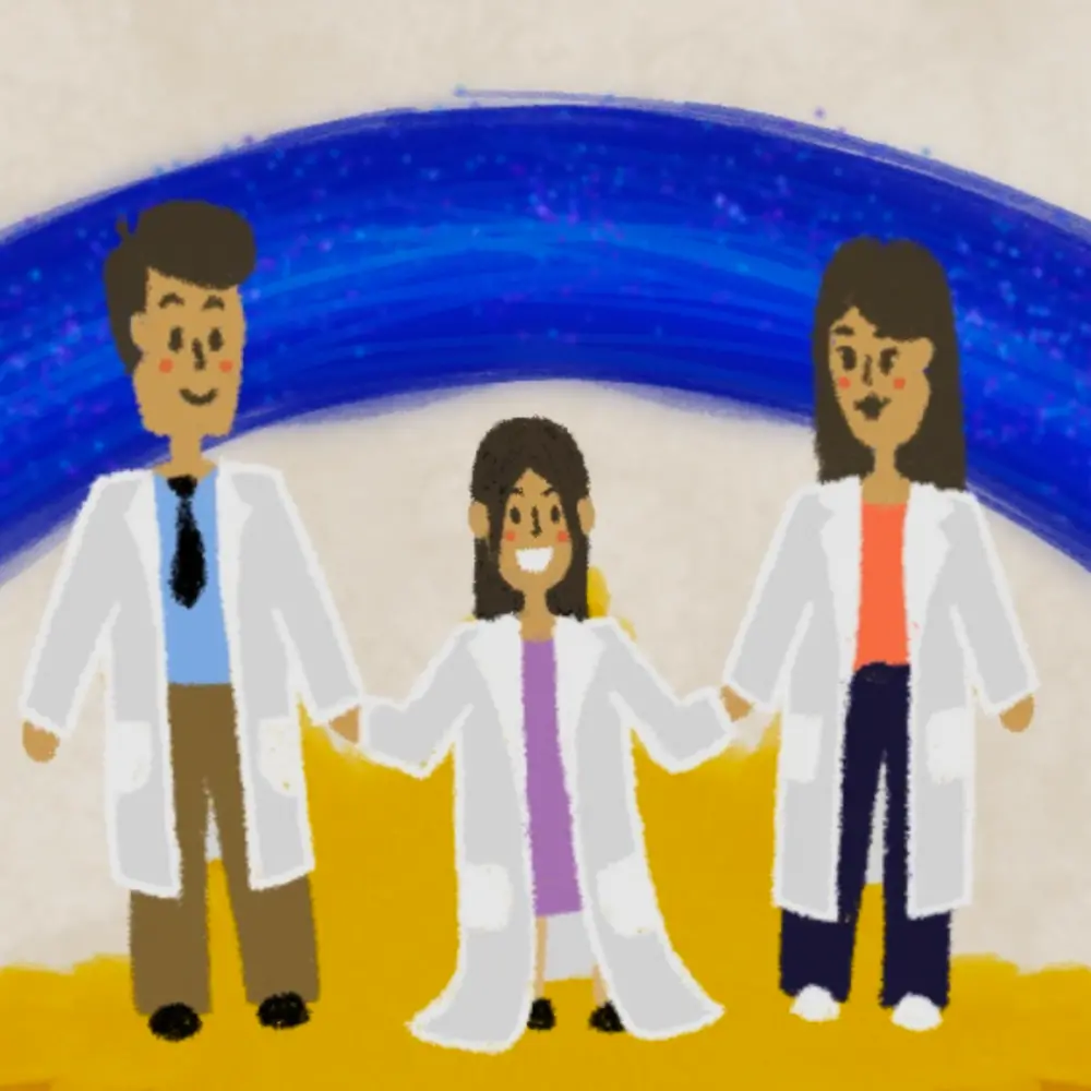 A drawing of three people in lab coats holding hands and smiling. The two on the ends are meant to depict parents, and the shorter middle figure is presumably their child.