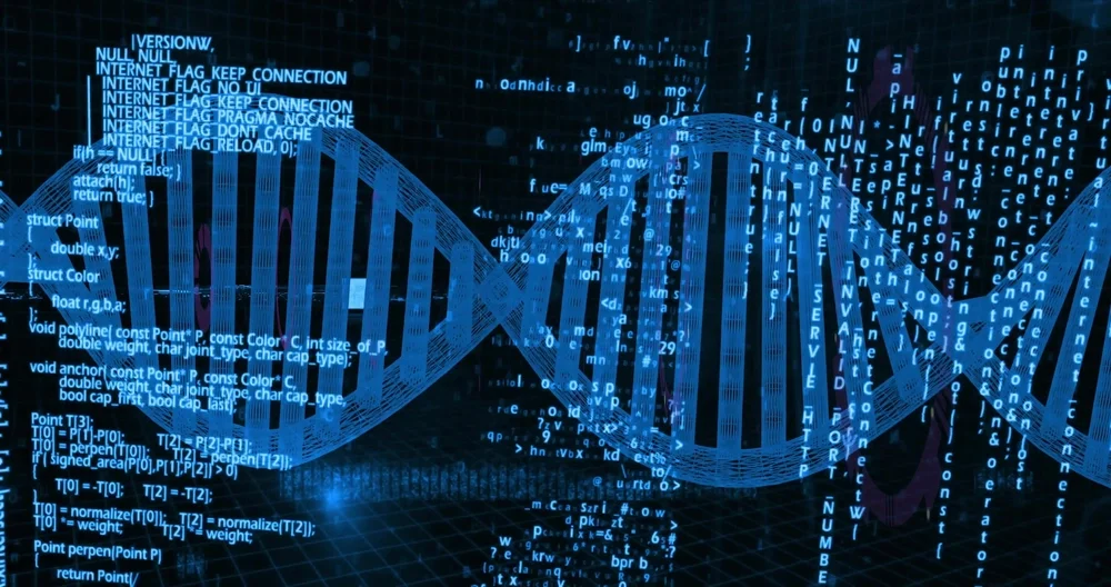 DNA illustration overlayed on computer code