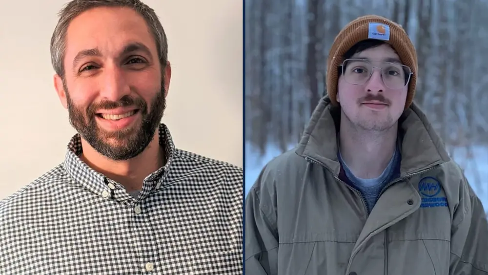 From left: headshot of man in striped shirt, man in jacket and heat stands in woods