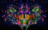 RNAscope confocal images of mouse brain with watercolor textures photographed and digitally layered into a single composition
